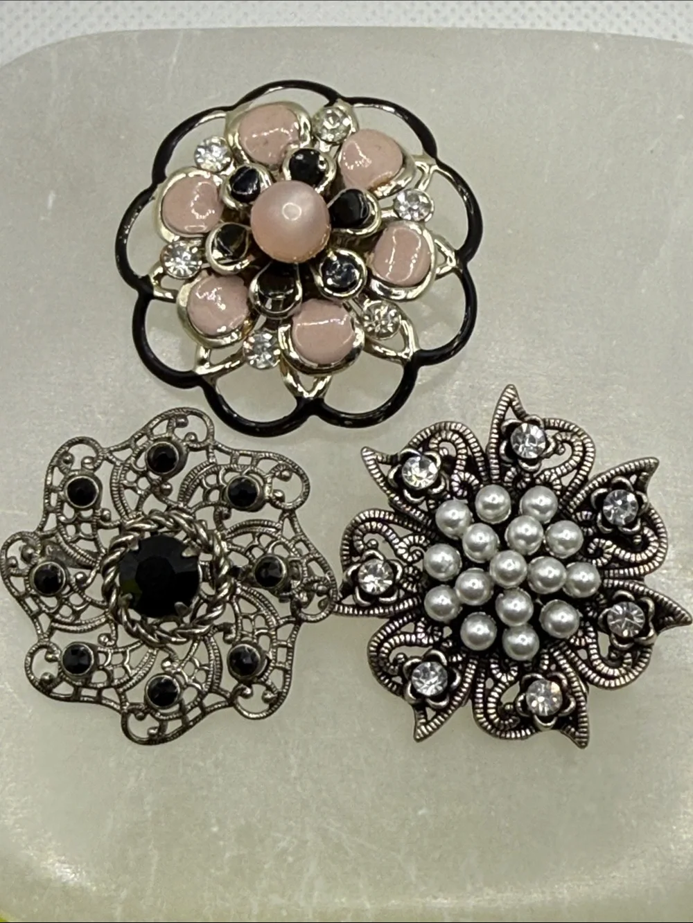 Vintage 3 brooches silvertone open work rhinestone faux pearl moonglow set
